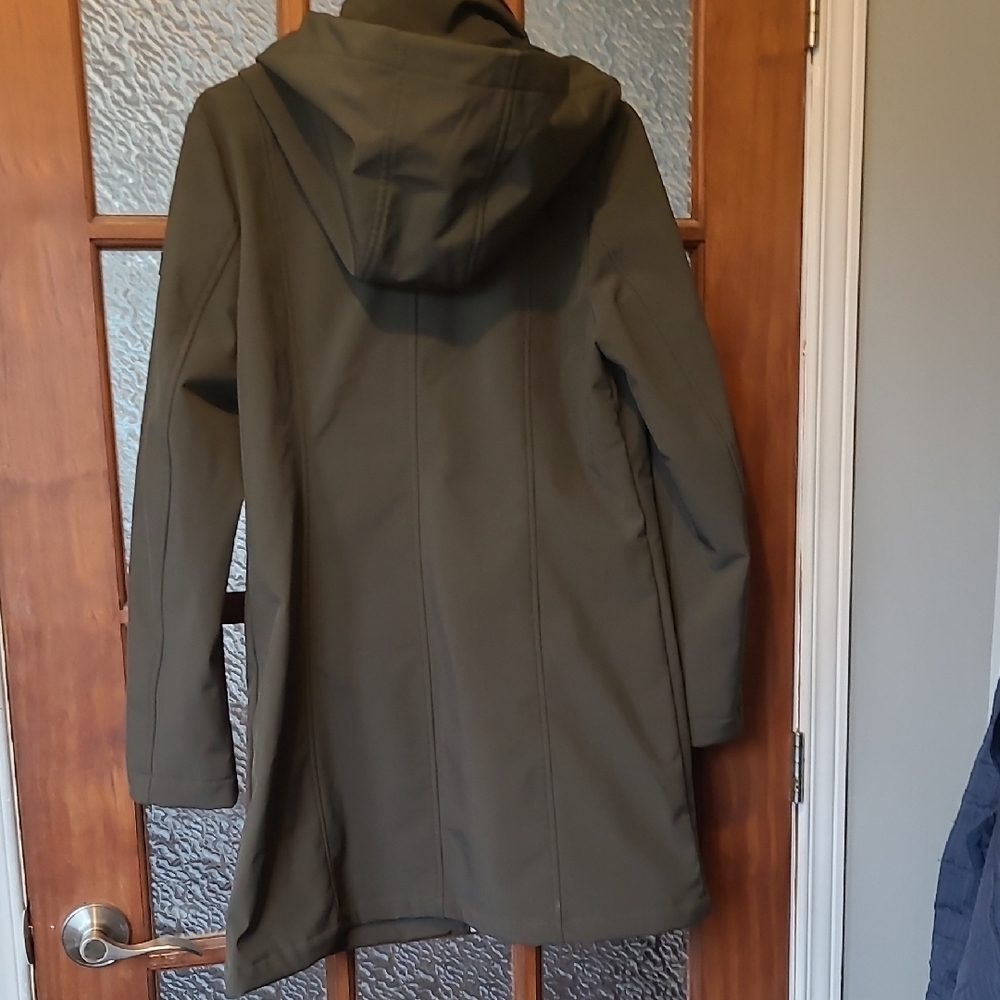DKNY Women Olive Outerwear Softshell Hooded Long Jacket Velboa Lined Size Small - Picture 9 of 15